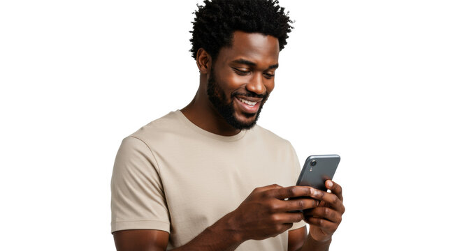 Young african american man (20s) with curly hair, light t-shirt, smiling at smartphone on transparent studio background with copy space, concept of digital connectivity and user satisfaction