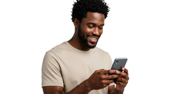 Young african american man (20s) with curly hair, light t-shirt, smiling at smartphone on transparent studio background with copy space, concept of digital connectivity and user satisfaction