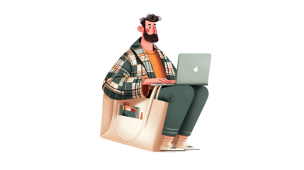 Male figure with laptop sticking out of tote bag, freelancer vibe, PNG isolated