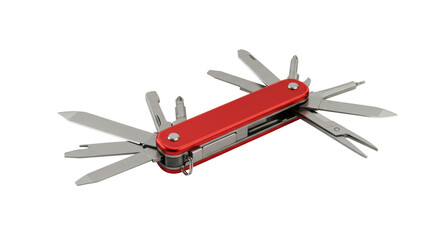 Vibrant red high-gloss multi-tool with polished stainless steel blades, scissors, screwdriver bits fully extended on a transparent studio background with subtle reflections, symbolizing comprehensive