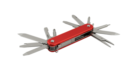 Vibrant red high-gloss multi-tool with polished stainless steel blades, scissors, screwdriver bits fully extended on a transparent studio background with subtle reflections, symbolizing comprehensive