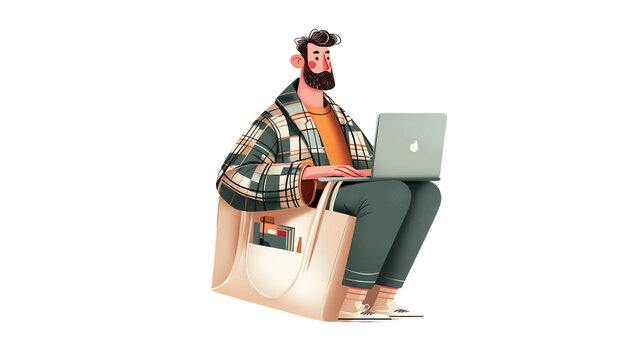 Male figure with laptop sticking out of tote bag, freelancer vibe, PNG isolated