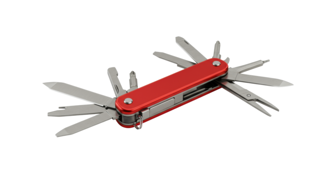 Vibrant red high-gloss multi-tool with polished stainless steel blades, scissors, screwdriver bits fully extended on a transparent studio background with subtle reflections, symbolizing comprehensive