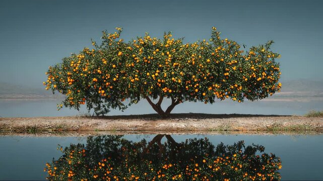 Orange tree with ripe fruit reflected in still water under blue sky, captured as the natural essence behind essential oils of wild orange, neroli, petitgrain, citrus fruits, and orange juice  