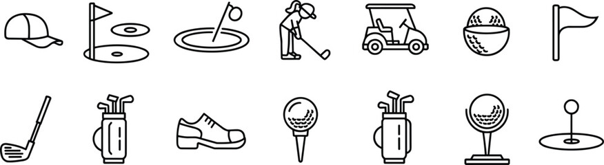Golf icons collection, golfer swing, golf cart, tee, golf ball, clubs, cap, flag hole, putting green, shoes