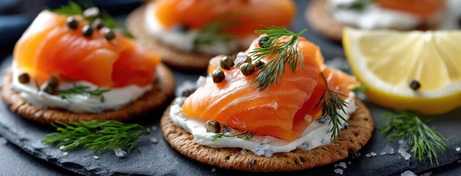 Delicious smoked salmon appetizers served on crispy crackers with creamy spread and fresh herbs in a stylish arrangement