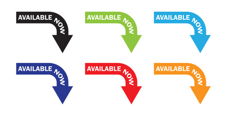Colourful available now arrow label set vector