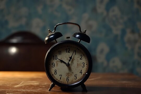 Antique Black Alarm Clock Showing Ten Past One on Wooden Table Still Life