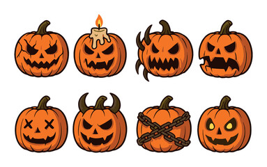 Halloween pumpkin faces collection with spooky expressions and decorations