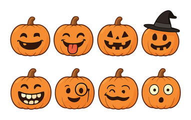 Cartoon pumpkin faces with different expressions on orange background