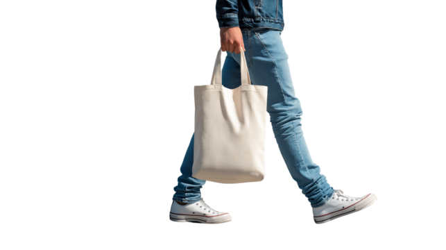 Man mid-step carrying tote bag, isolated PNG fashion stock image - Powered by Adobe