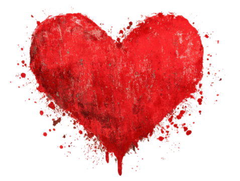 Big red grunge heart isolated with Scratcheds isolated on transparent background. Valentine's day clipart.