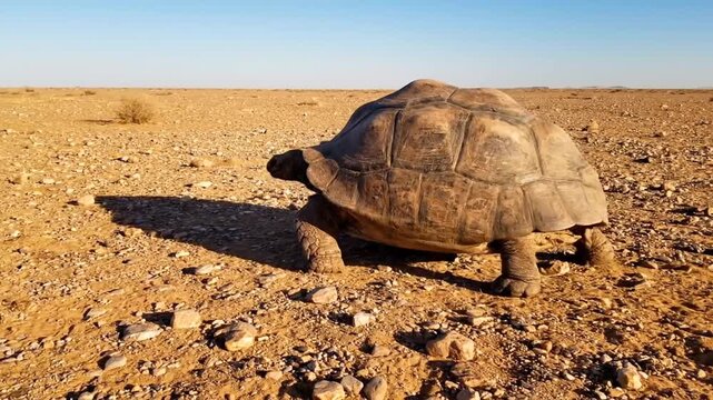 Desert Landscape with Large Tortoise Crawling Over Dry Ground