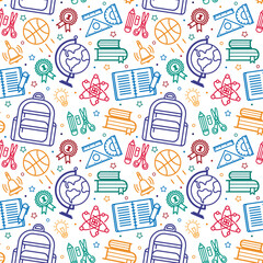 Seamless pattern with outline icons school supplies.Backpack,pencil, rulers, scissors,books,,globe,bell.Vector illustration on white background.For wrapping paper, stationery, covers,scrapbooking.