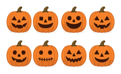 Eight cartoon jack-o'-lanterns with diverse expressions on orange background