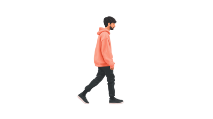 Slow walking male figure, casual sweatshirt, white background