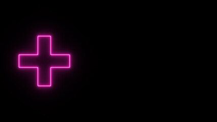 Obraz premium Neon glowing plus sign. Hospital sign illustration on black background.