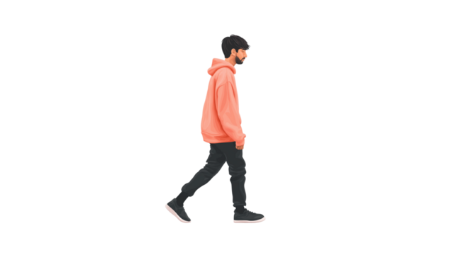 Slow walking male figure, casual sweatshirt, white background
