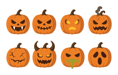 Spooky glowing jack-o'-lanterns with various faces for halloween