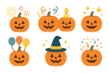 Six festive pumpkin jack-o'-lanterns with party decorations and witch hat