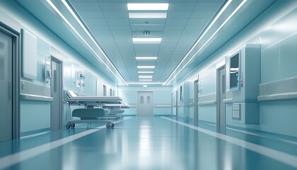 Naklejka premium Blue Toned Hospital Corridor with Beds, Medical Equipment, Doors, and Lighting