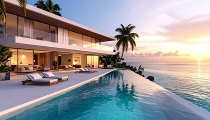 Obraz premium Exterior view of a luxury tropical villa with an infinity pool overlooking the ocean at sunset