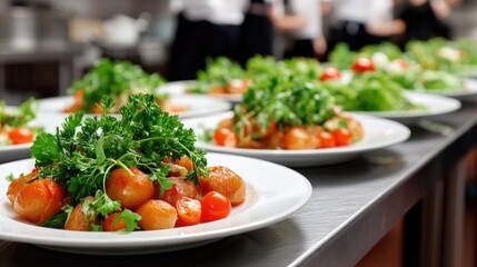 Freshly prepared salads with vibrant vegetables and herbs served in a busy restaurant kitchen during peak dinner hours