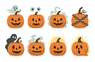 Cartoon halloween pumpkins with spooky faces and ghosts