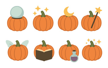 Magical pumpkins with crystal ball, wand, book, and potion on glowing background