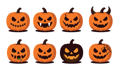 Spooky halloween jack-o'-lanterns with various expressions and designs on orange background