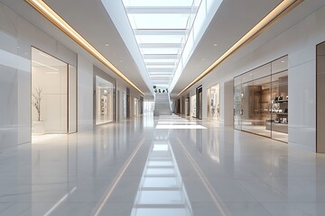 Brightly Lit Contemporary Hallway with Stores and Marble Floorings Interior View