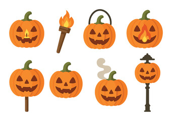 Smiling jack-o'-lantern pumpkins and torches on halloween night