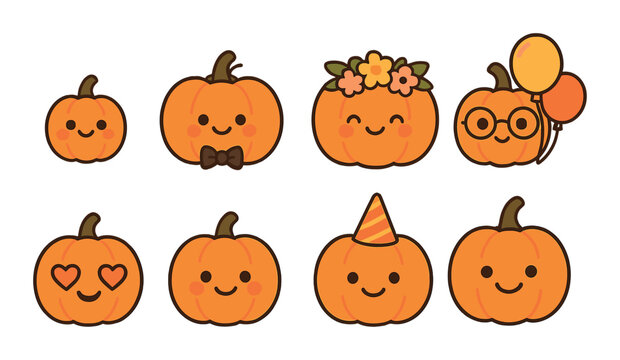 Cute pumpkin faces with accessories and balloons