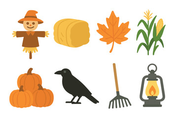 Autumn harvest symbols: scarecrow, hay, leaf, corn, pumpkins, crow, rake, lantern