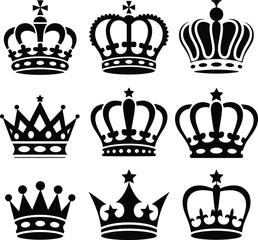 vvRoyal crown icon set, black silhouette crowns, king and queen symbols, vector illustrations, monarchy, elegance, luxury, royalty