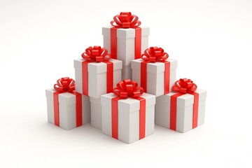 Obraz premium Stack of white gift boxes tied with red ribbons and bows on a white background