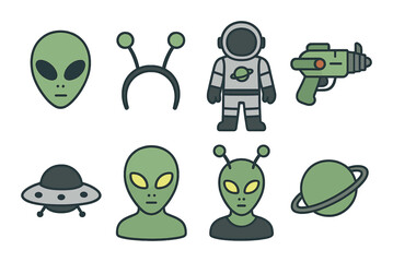 Cartoon space theme: aliens, astronaut, spaceship, ray gun, planet