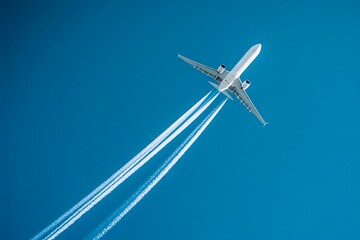Fototapeta premium Commercial Airplane Ascending with Vapor Trails against a Clear Blue Sky