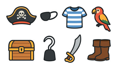 Pirate icons: hat, eye patch, parrot, hook, sword, boots, chest, shirt
