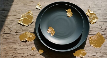 Minimalist tabletop composition of dark plates and scattered gold leaf