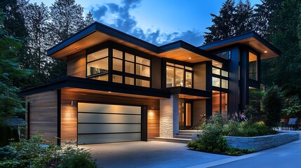 Fototapeta premium Contemporary TwoStory House with Modern Design, Wood and Glass Facade, Evening