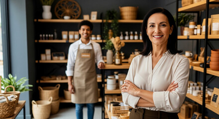 Confident female small business owner standing with smiling employee in rustic modern shop interior with natural lighting and professional workplace atmosphere suitable for financial service advertise