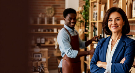Mature Hispanic female small business owner standing confidently with smiling employee in rustic modern shop interior with natural lighting and professional workplace environment