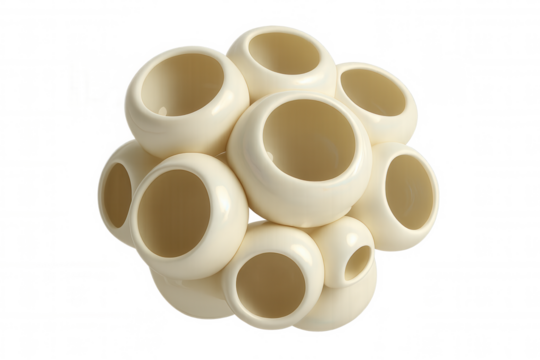 Ceramic spheres interlocking in complex network, creating minimalist artistic sculpture against transparent backdrop, suitable for contemporary design compositions