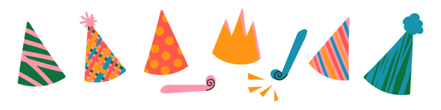 Hand drawn birthday party hats and doodle party blowers horns set vector illustration isolated on transparent background. Childish, kids design elements with colorful dots and stripes