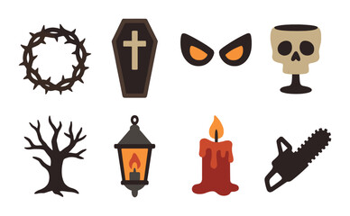 Spooky halloween icons: skull, candle, chainsaw, scary eyes, thorn crown, lantern, coffin, tree