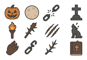 Halloween symbols pumpkin wolf moon cross torch chains claw marks