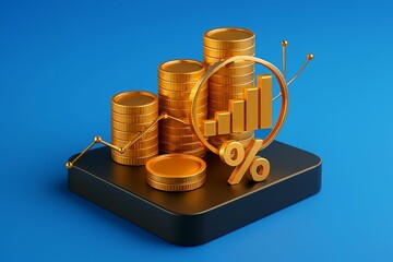 Golden coins stacked in ascending order forming a financial growth chart with percentage symbols on a blue background