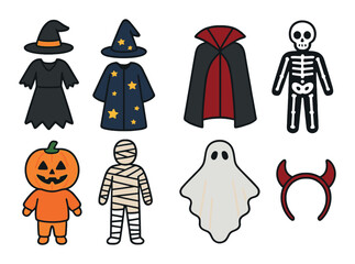 Colorful halloween costume set featuring witch, wizard, vampire, skeleton, pumpkin, mummy, ghost, and devil