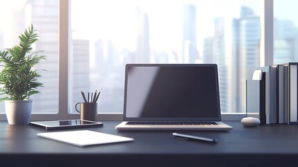 Fototapeta premium Desk with Laptop, Plant, and Stationery Items near Window View, Minimalist Style